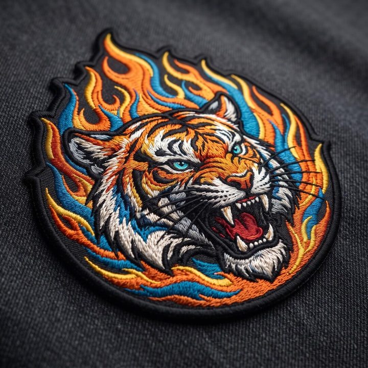 Fierce Roaring Tiger Head Fire Flames Wild Cat Iron On Embroidered Patch — Iron-on patch