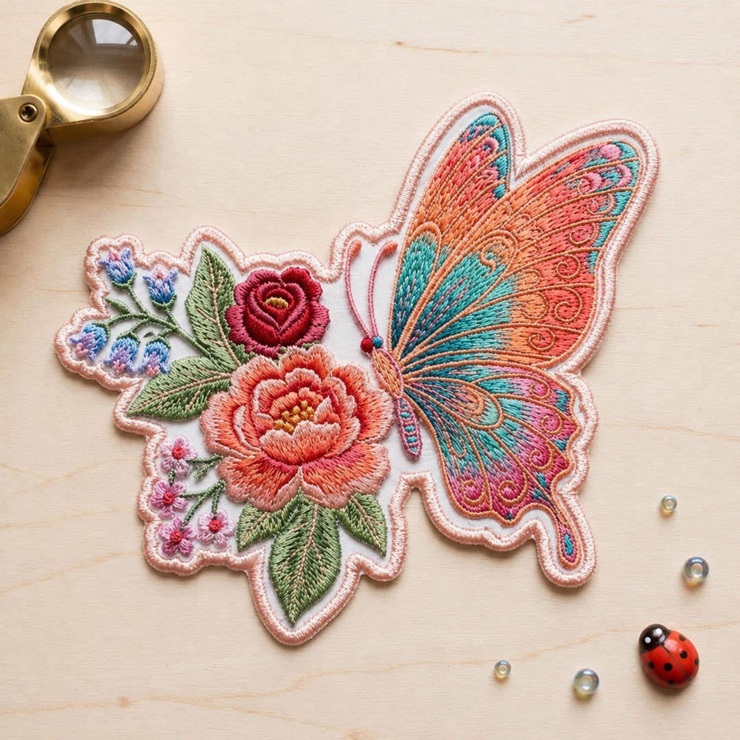 Butterfly Floral Bouquet Rose Peony Boho Iron On Embroidered Patch — Iron-on patch
