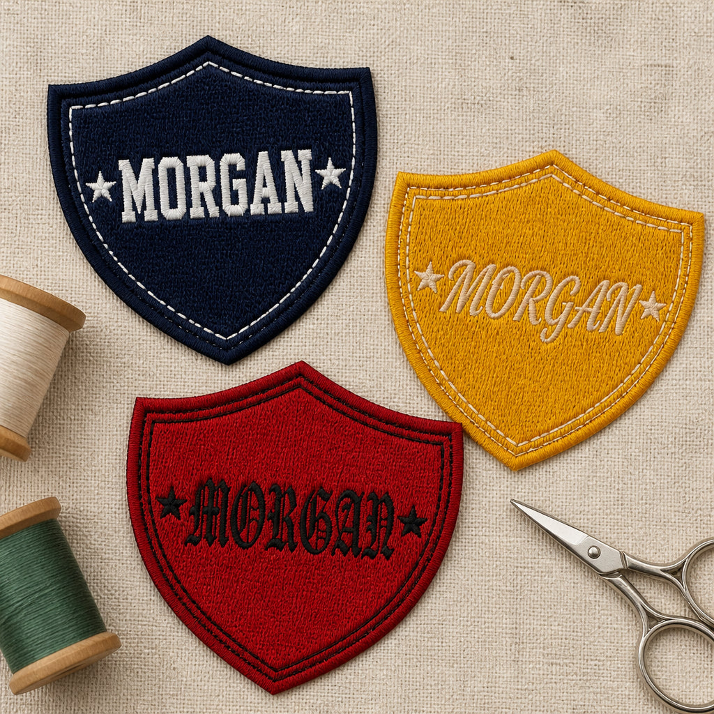Personalized Shield Name Label Custom Font Color Iron On Embroidered Patch — Iron-on patch