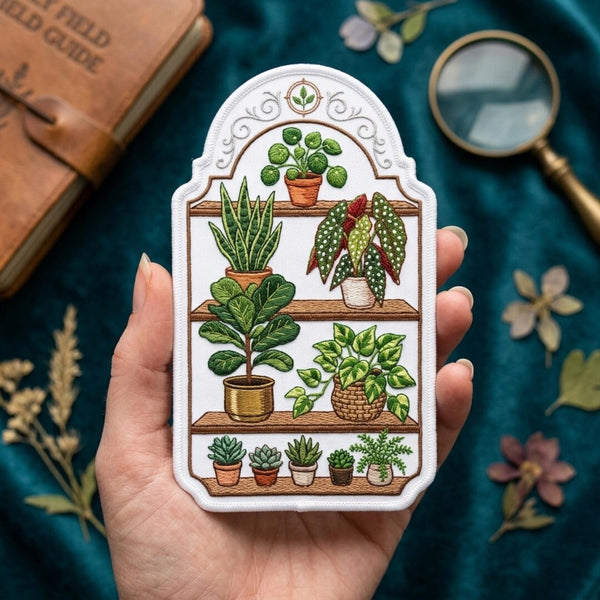 Botanical Plant Shelf Snake Plant Fiddle Leaf Begonia Succulent Iron On Embroidered Patch — Iron-on patch