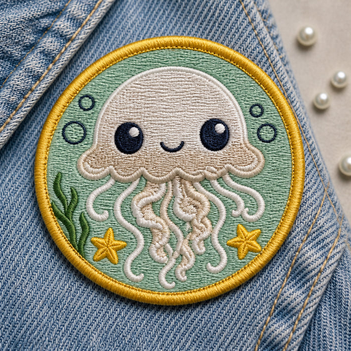 Cute Chibi Jellyfish Ocean Bubble Scene Iron-On Iron On Embroidered Patch