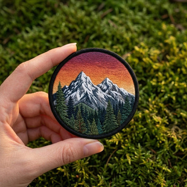 Mountain Sunset Forest Pine Trees Nature Landscape Iron On Embroidered Patch — Iron-on patch