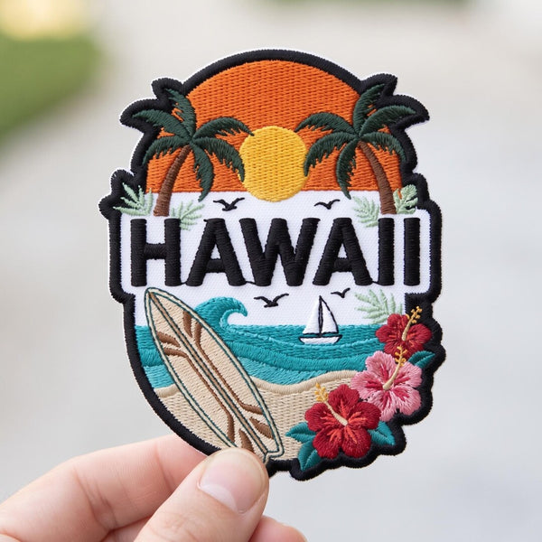 Hawaii Tropical Beach Sunset Palm Trees Surfboard Hibiscus Iron On Embroidered Patch — Iron-on patch