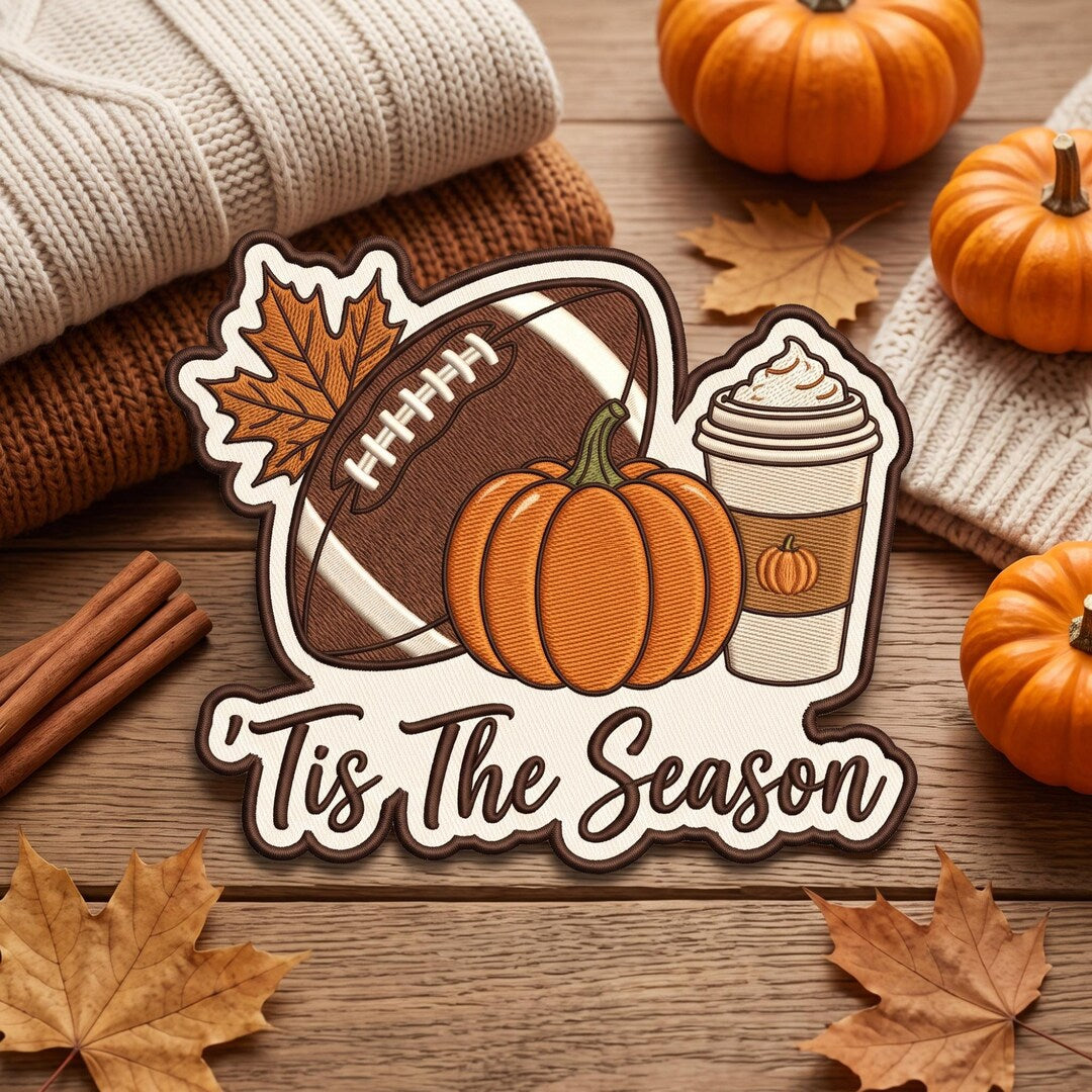 Fall Football Pumpkin Maple Leaf Pumpkin Spice Latte Tis The Season Iron On Embroidered Patch — Iron-on patch