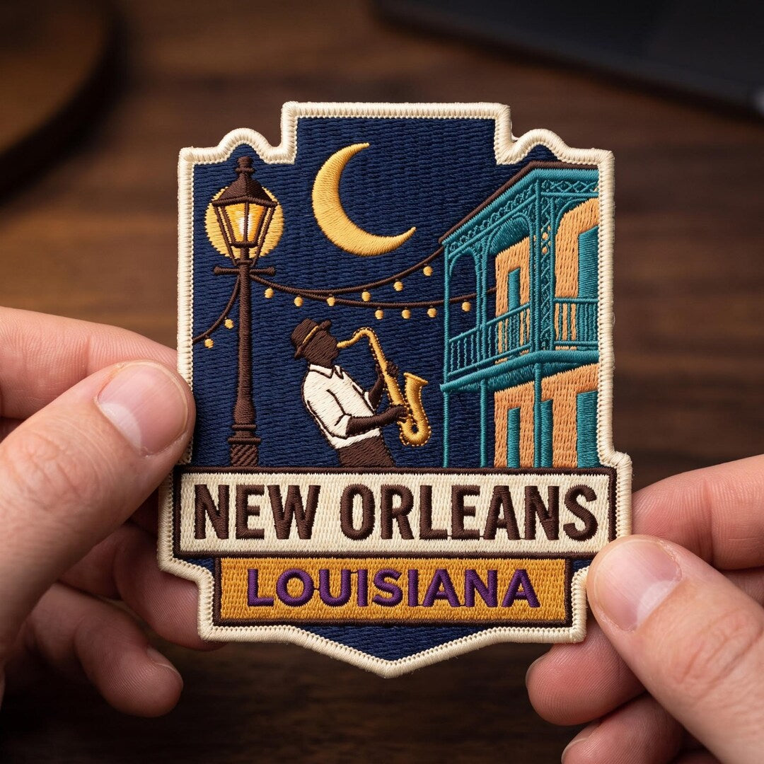 New Orleans Louisiana Jazz Saxophonist French Quarter Night Scene Iron On Embroidered Patch — Iron-on patch