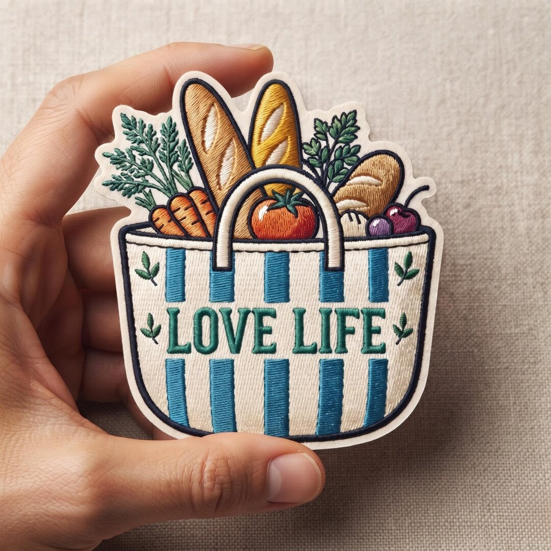 Grocery Bag Vegetables Bread Love Life Iron On Embroidered Patch — Iron-on patch