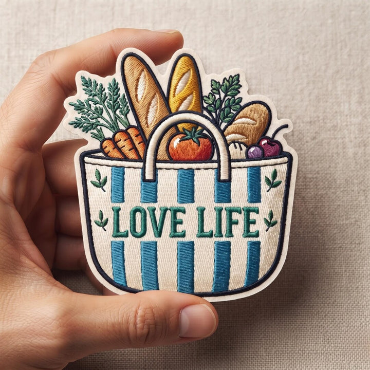 Grocery Bag Vegetables Bread Love Life Iron On Embroidered Patch — Iron-on patch