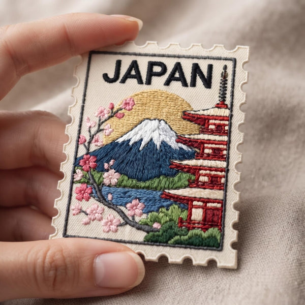 Japan Travel Stamp Mount Fuji Cherry Blossom Pagoda Iron On Embroidered Patch — Iron-on patch