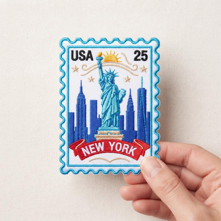 New York Statue of Liberty NYC Skyline Vintage Stamp Iron On Embroidered Patch — Iron-on patch
