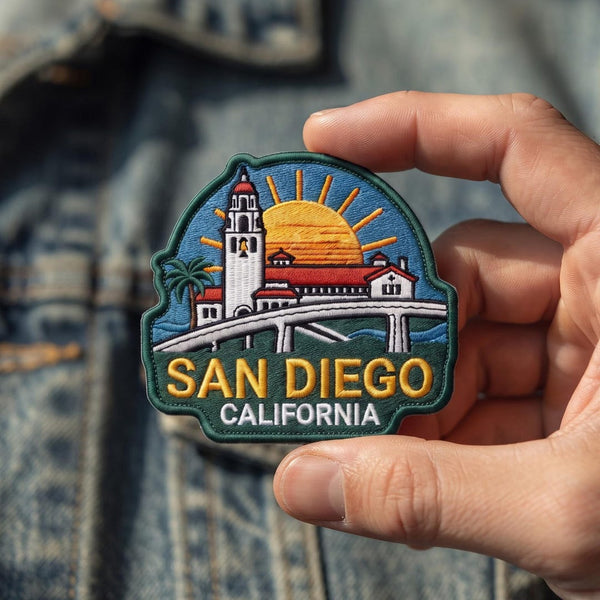 San Diego California Skyline Bell Tower Palm Tree Sunset Iron On Embroidered Patch — Iron-on patch