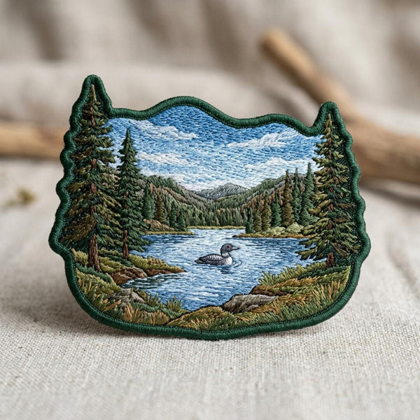 Common Loon Mountain Lake Forest Pine Trees Nature Scene Iron On Embroidered Patch — Iron-on patch