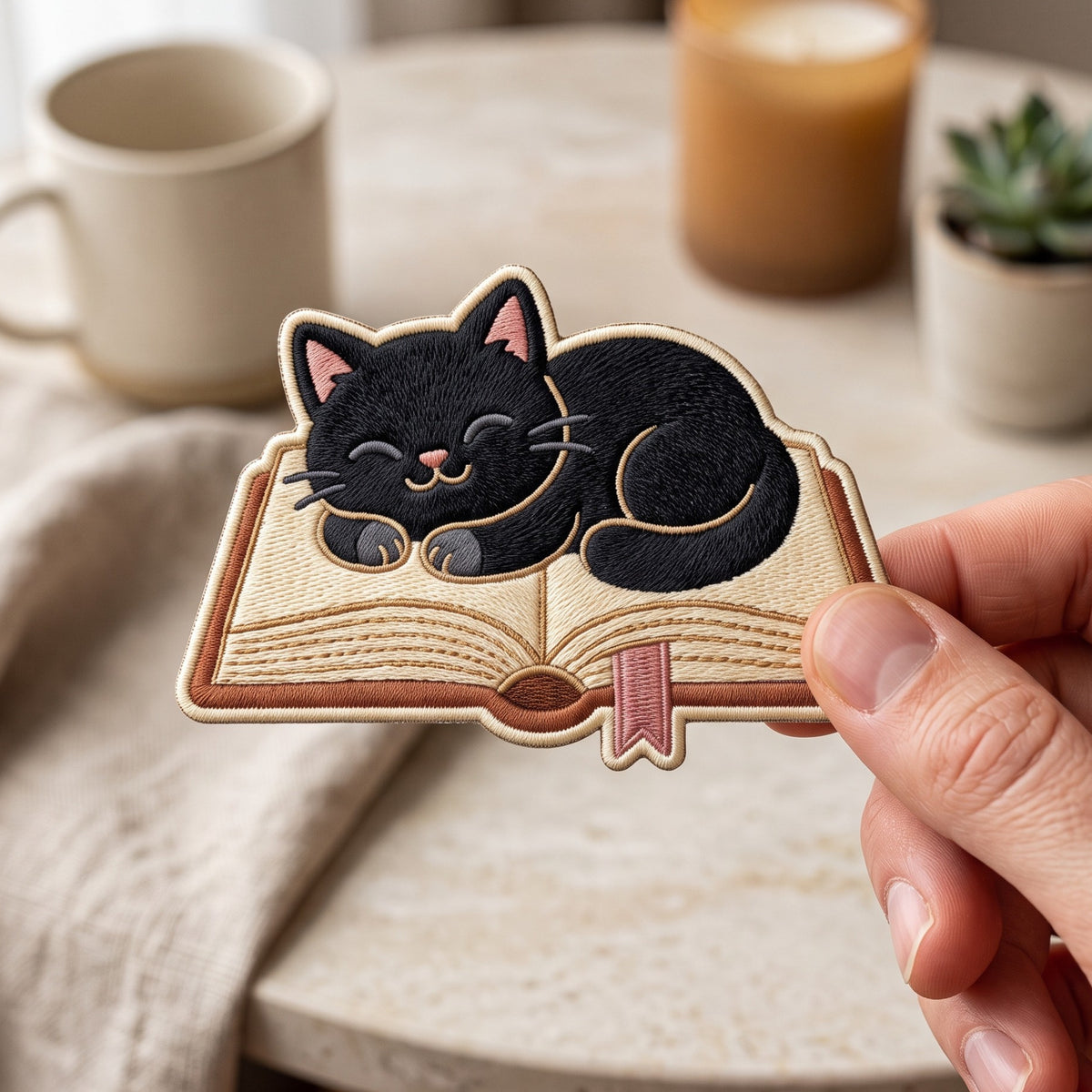Black Cat Sleeping on Open Book Bookmark Iron On Embroidered Patch — Iron-on patch
