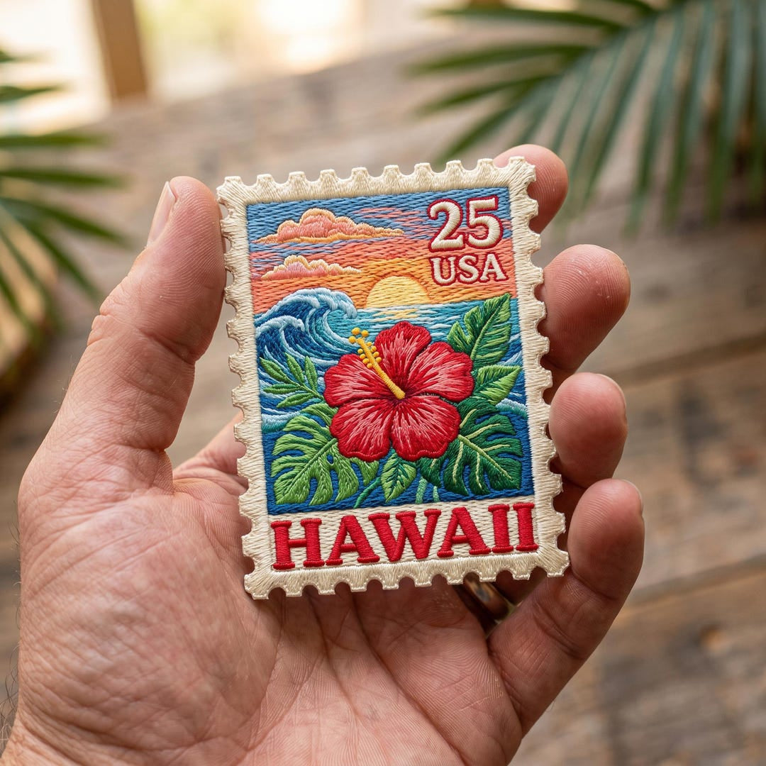 Hawaii Vintage Stamp Hibiscus Sunset Ocean Wave Iron On Embroidered Patch — Iron-on patch