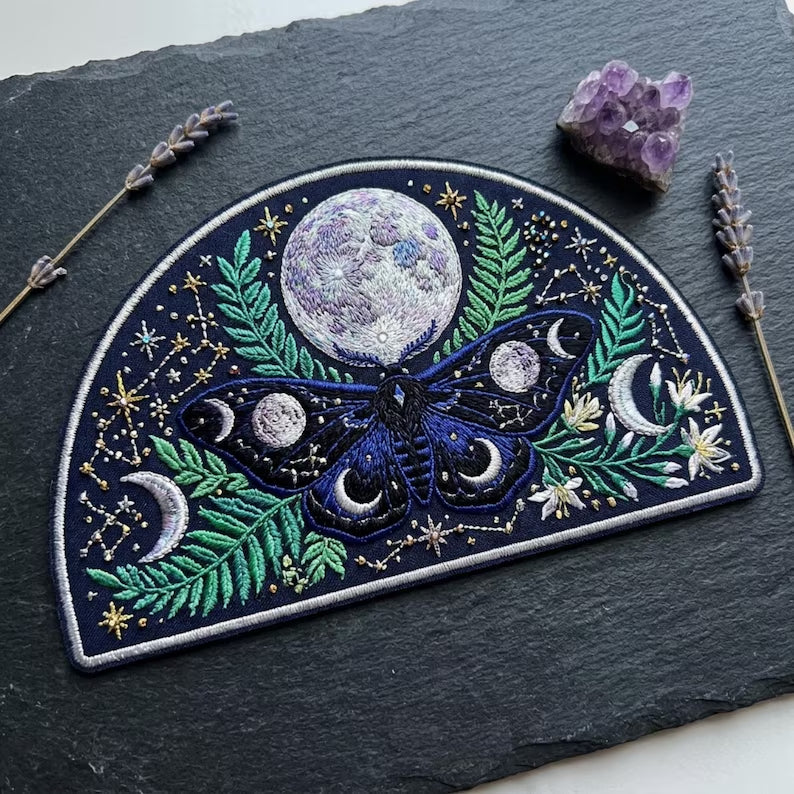 Moon Phase Moth Fern Botanical Celestial Iron On Embroidered Patch — Iron-on patch
