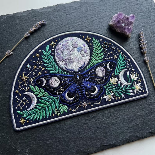 Moon Phase Moth Fern Botanical Celestial Iron On Embroidered Patch — Iron-on patch