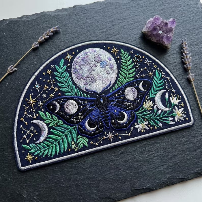 Moon Phase Moth Fern Botanical Celestial Iron On Embroidered Patch