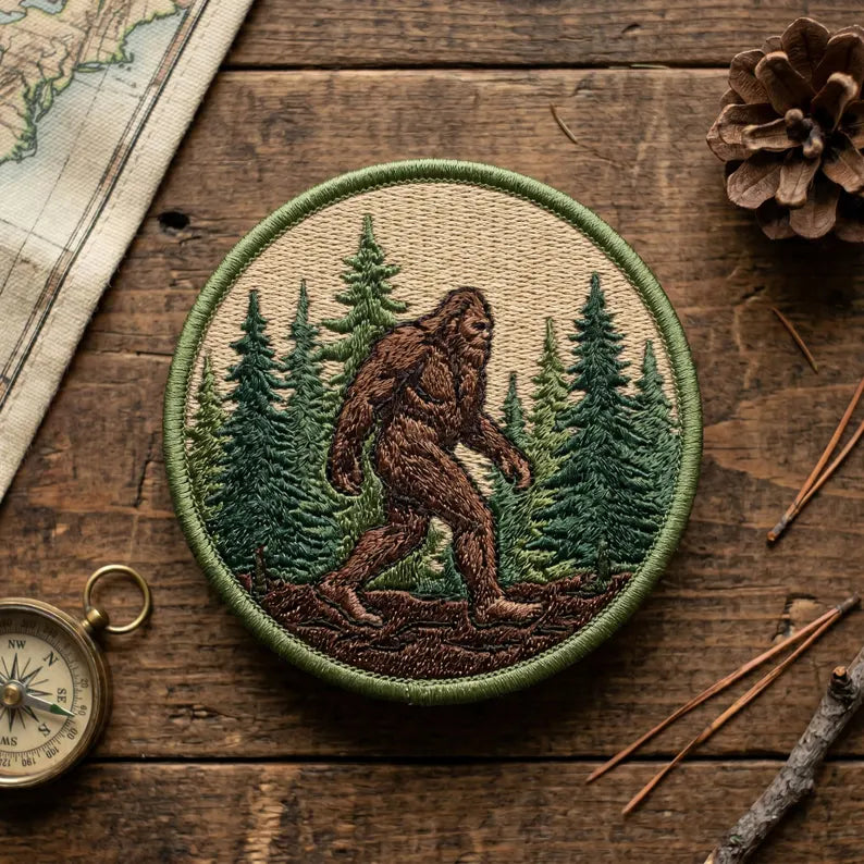 Bigfoot Sasquatch Forest Pine Trees Wilderness Iron On Embroidered Patch — Iron-on patch
