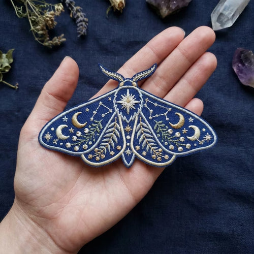 Celestial Moth Moon Stars Botanical Iron On Embroidered Patch — Iron-on patch