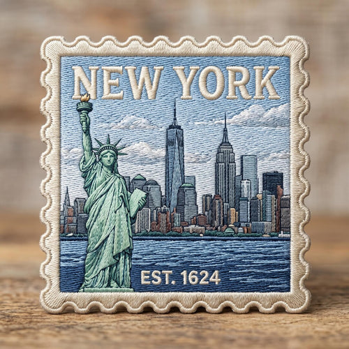 New York City Skyline Statue of Liberty EST 1624 Travel Stamp Iron On Embroidered Patch — Iron-on patch