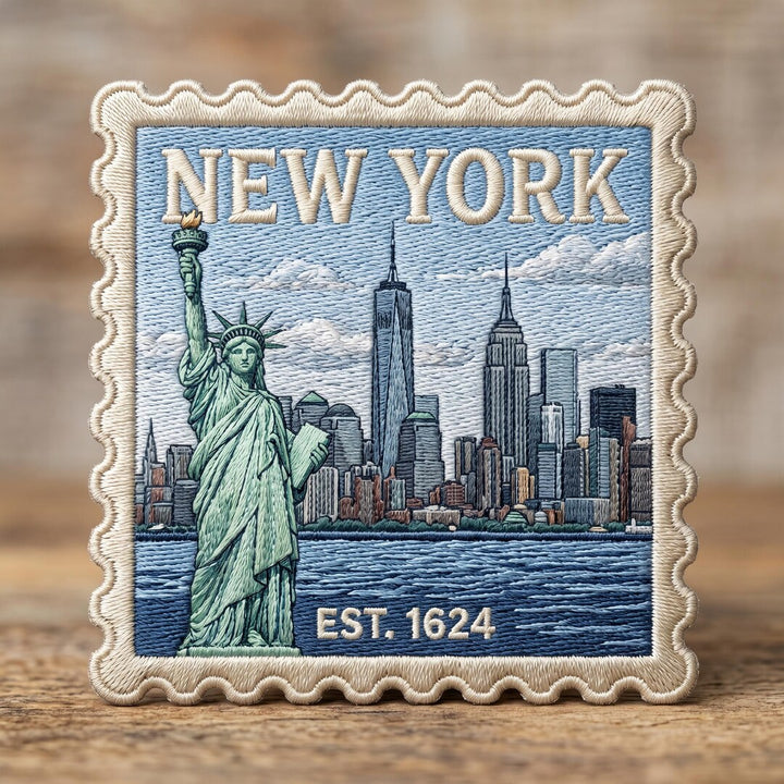 New York City Skyline Statue of Liberty EST 1624 Travel Stamp Iron On Embroidered Patch — Iron-on patch