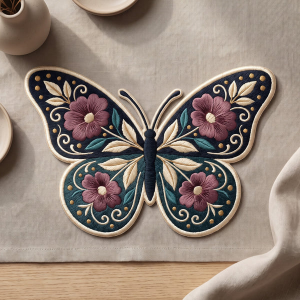 Botanical Butterfly Floral Folk Art Iron On Embroidered Patch — Iron-on patch
