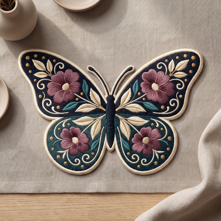 Botanical Butterfly Floral Folk Art Iron On Embroidered Patch — Iron-on patch