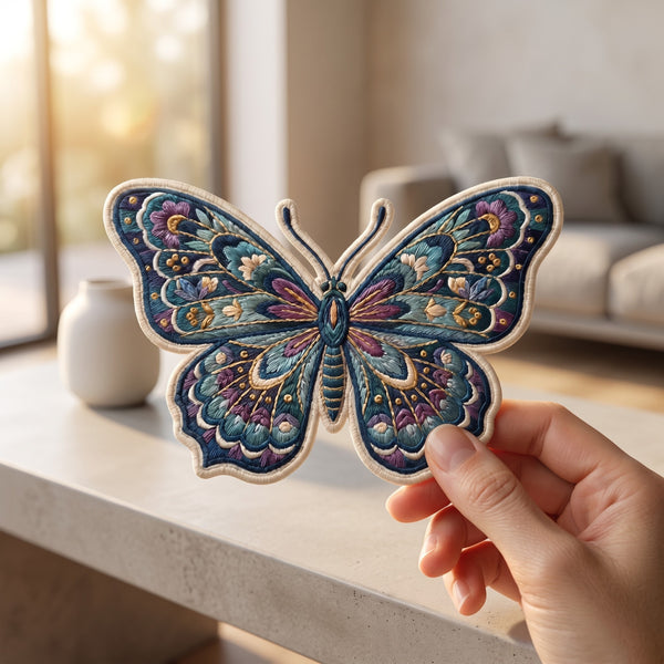 Botanical Butterfly Floral Boho Iron On Embroidered Patch — Iron-on patch