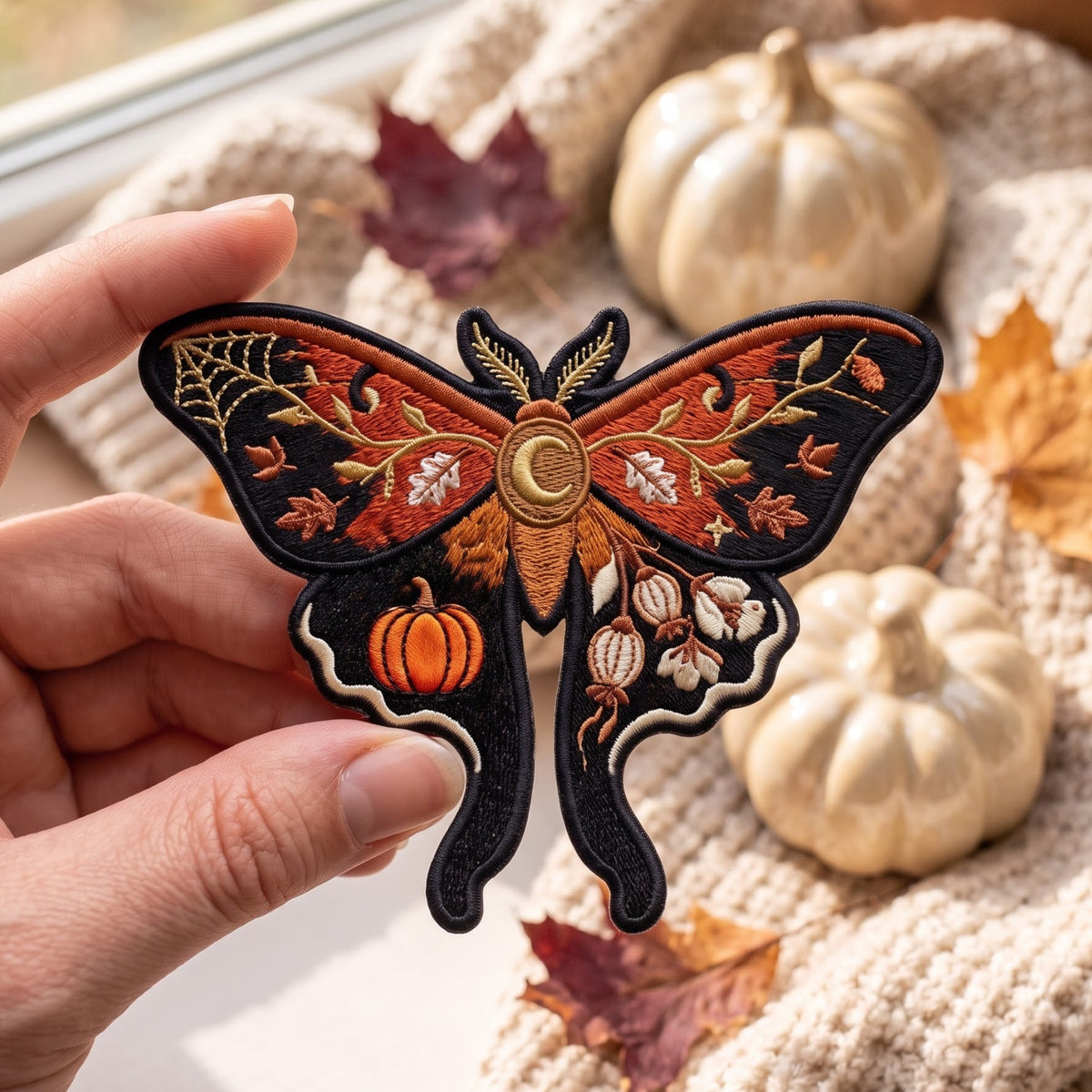 Halloween Autumn Moth Pumpkin Moon Botanical Fall Leaves Iron On Embroidered Patch — Iron-on patch