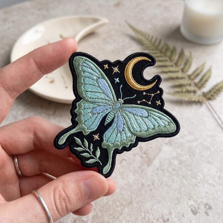 Celestial Butterfly Moon Stars Botanical Iron On Embroidered Patch — Iron-on patch