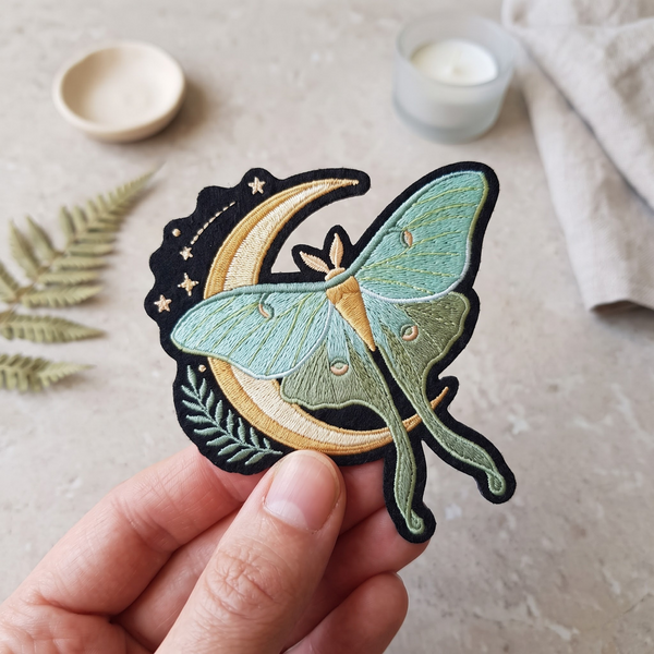 Luna Moth Crescent Moon Stars Botanical Iron On Embroidered Patch — Iron-on patch