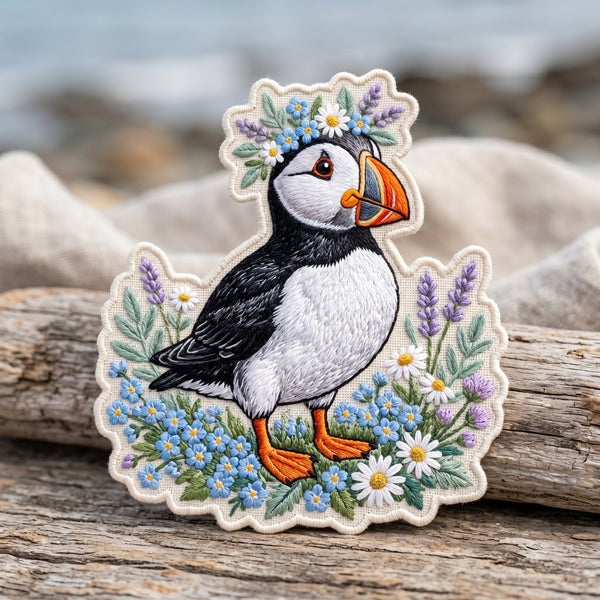 Floral Puffin with Wildflowers Crown Iron On Embroidered Patch — Iron-on patch