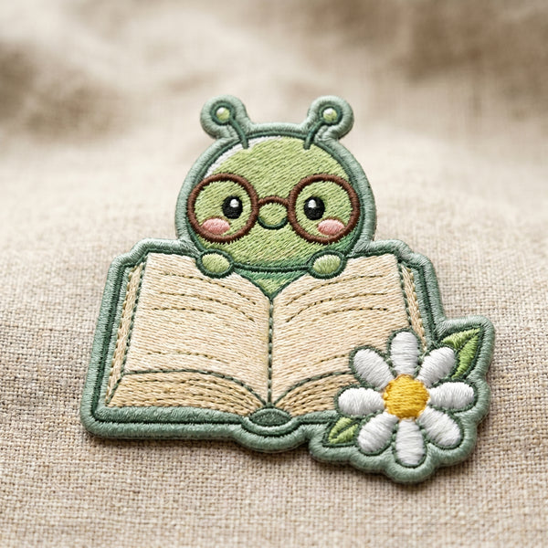 Bookworm Caterpillar Reading Daisy Flower Iron On Embroidered Patch — Iron-on patch