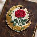 Red Rose Crescent Moon Stars Botanical Iron On Embroidered Patch — Iron-on patch