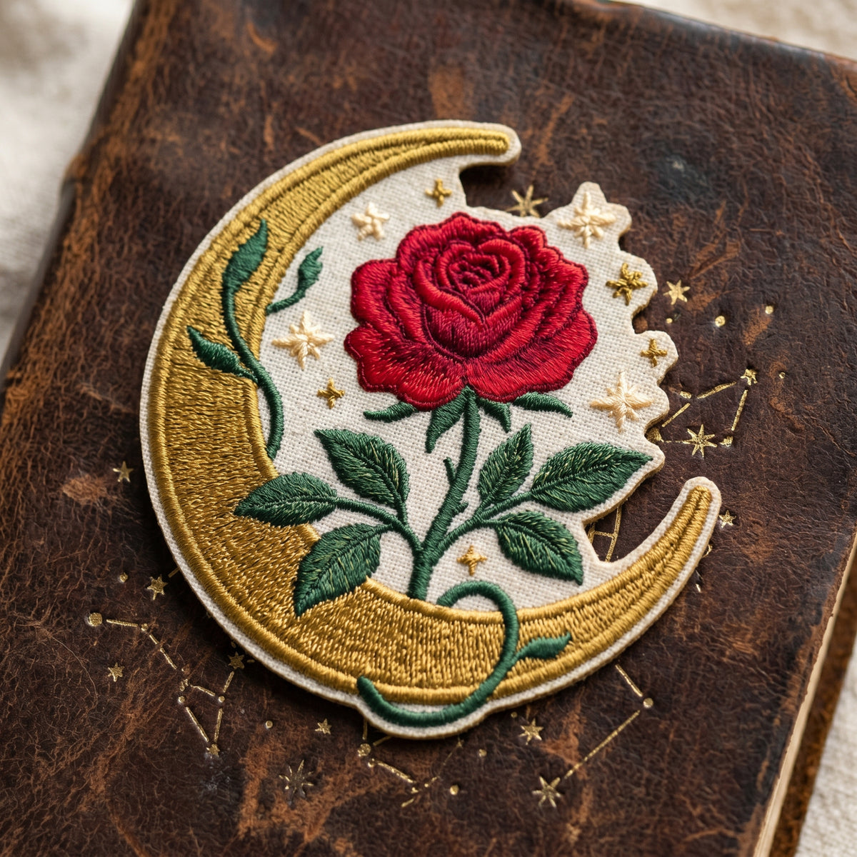 Red Rose Crescent Moon Stars Botanical Iron On Embroidered Patch — Iron-on patch