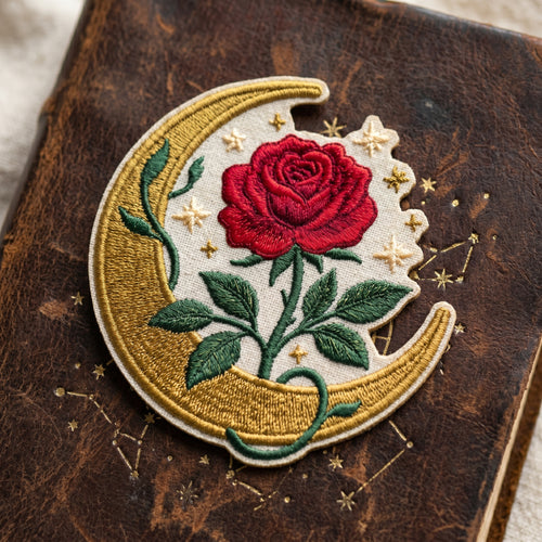 Red Rose Crescent Moon Stars Botanical Iron On Embroidered Patch — Iron-on patch