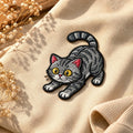 Gray Tabby Cat Crouching Playful Kitty Iron On Embroidered Patch — Iron-on patch