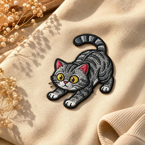 Gray Tabby Cat Crouching Playful Kitty Iron On Embroidered Patch — Iron-on patch