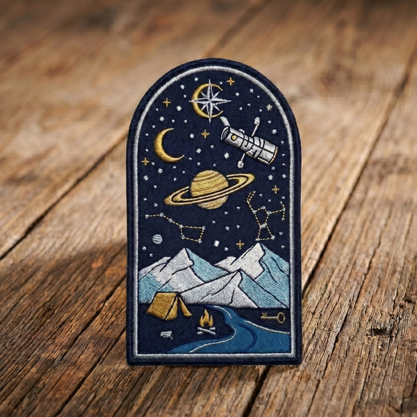 Galaxy Camping Night Sky Saturn Telescope Constellation Mountain Tent Iron On Embroidered Patch — Iron-on patch