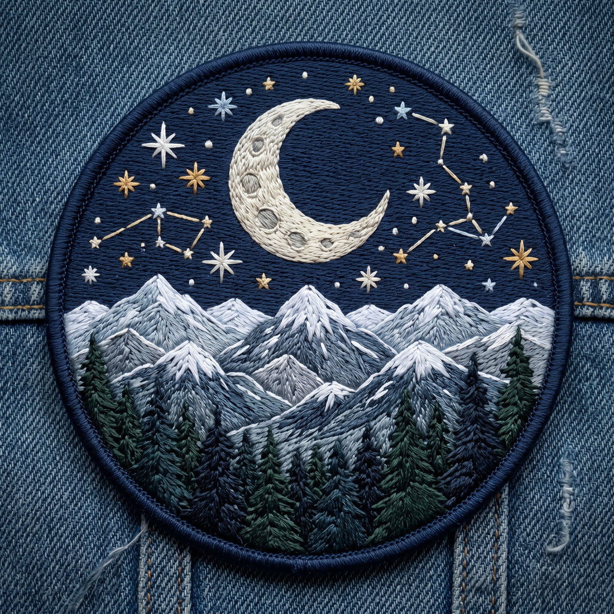 Mountain Night Sky Crescent Moon Stars Constellation Pine Trees Iron On Embroidered Patch — Iron-on patch