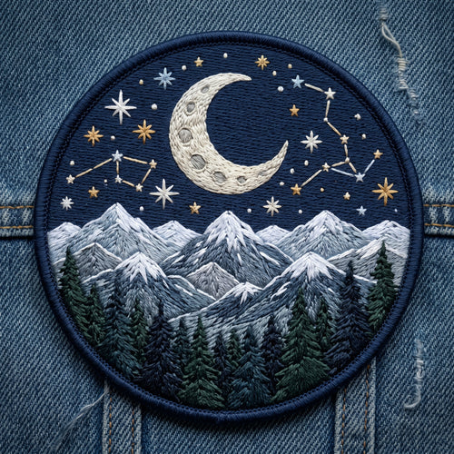 Mountain Night Sky Crescent Moon Stars Constellation Pine Trees Iron On Embroidered Patch — Iron-on patch