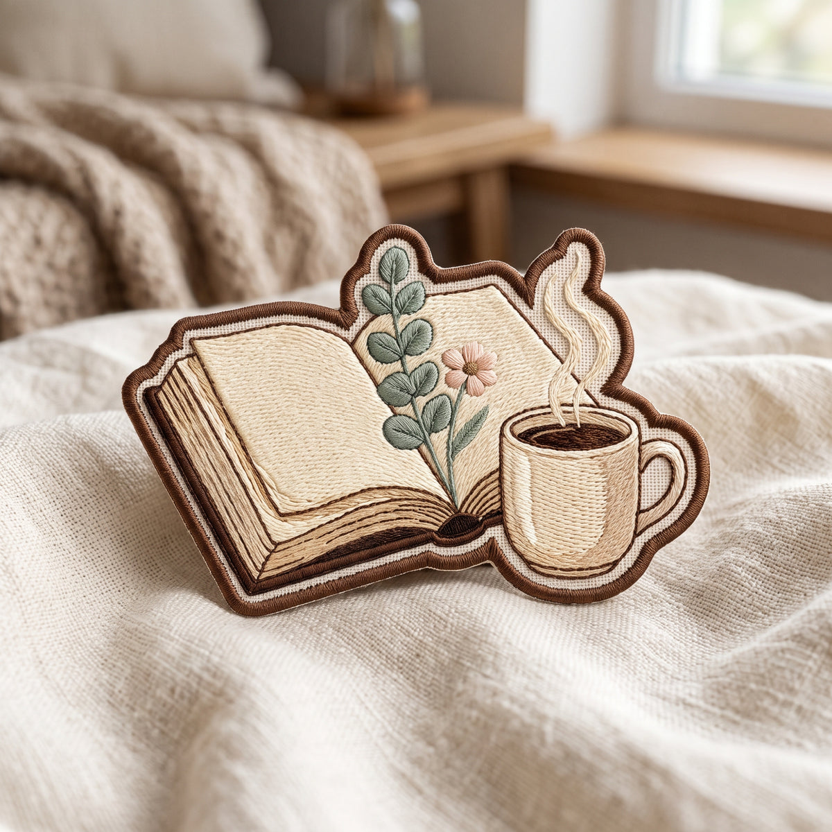 Book and Coffee Floral Botanical Reading Lover Iron On Embroidered Patch — Iron-on patch