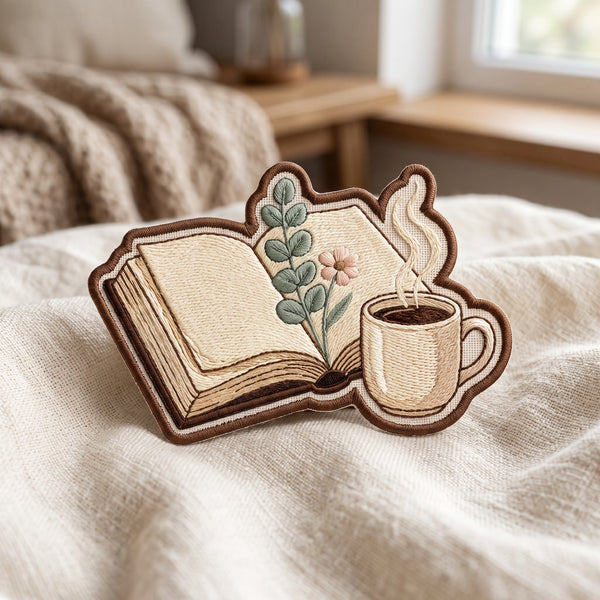 Book and Coffee Floral Botanical Reading Lover Iron On Embroidered Patch — Iron-on patch