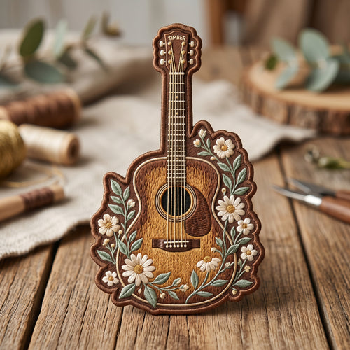 Acoustic Guitar Floral Daisy Wreath Iron On Embroidered Patch — Iron-on patch