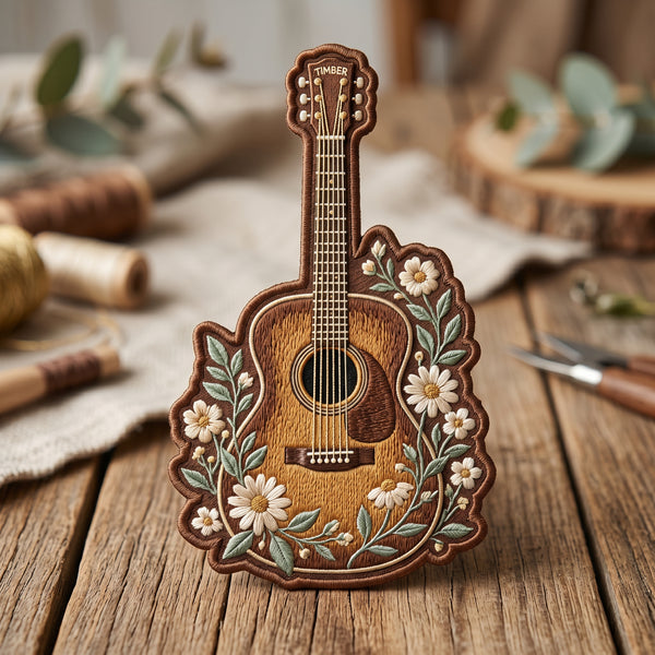 Acoustic Guitar Floral Daisy Wreath Iron On Embroidered Patch — Iron-on patch