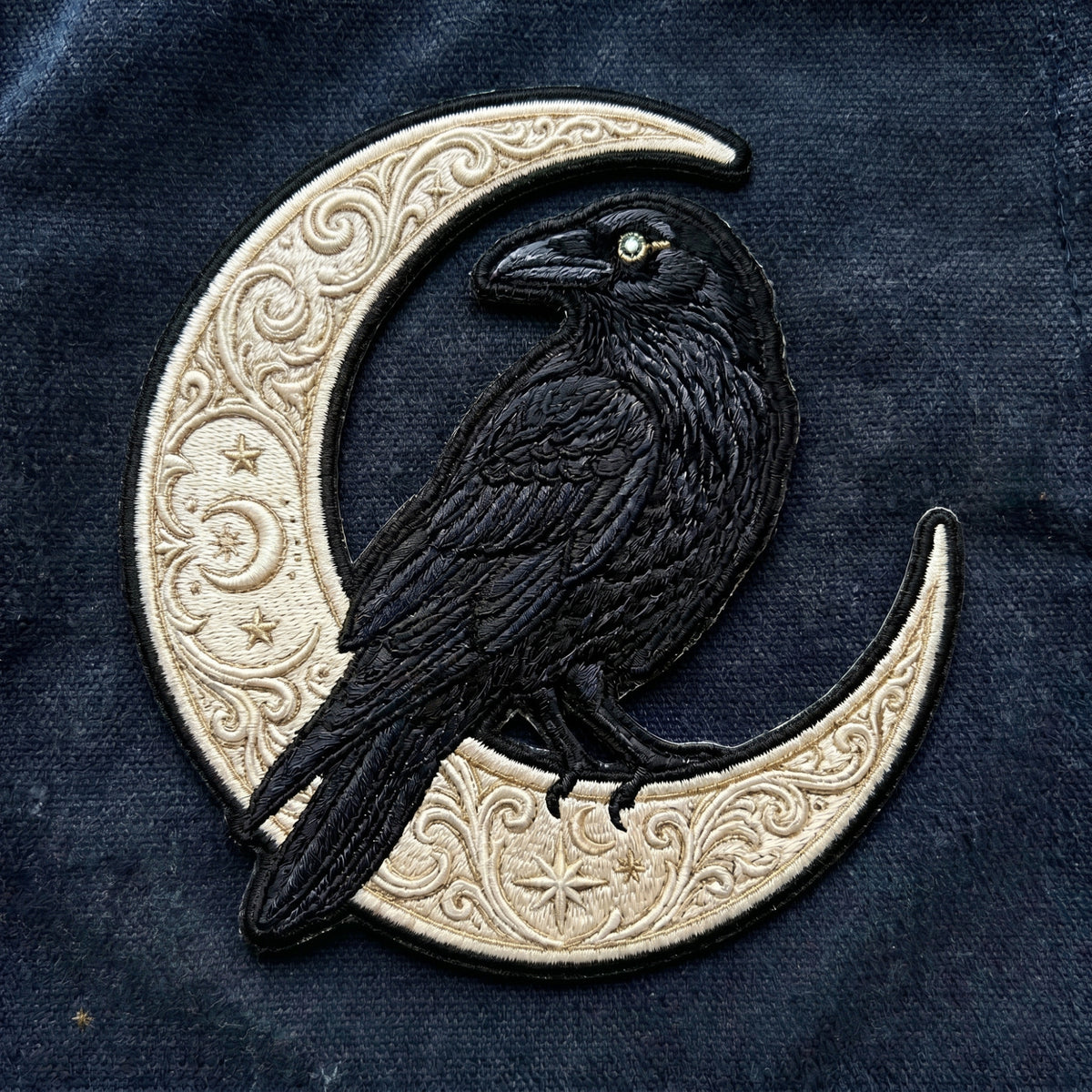 Raven Crow Crescent Moon Celestial Filigree Stars Iron On Embroidered Patch — Iron-on patch