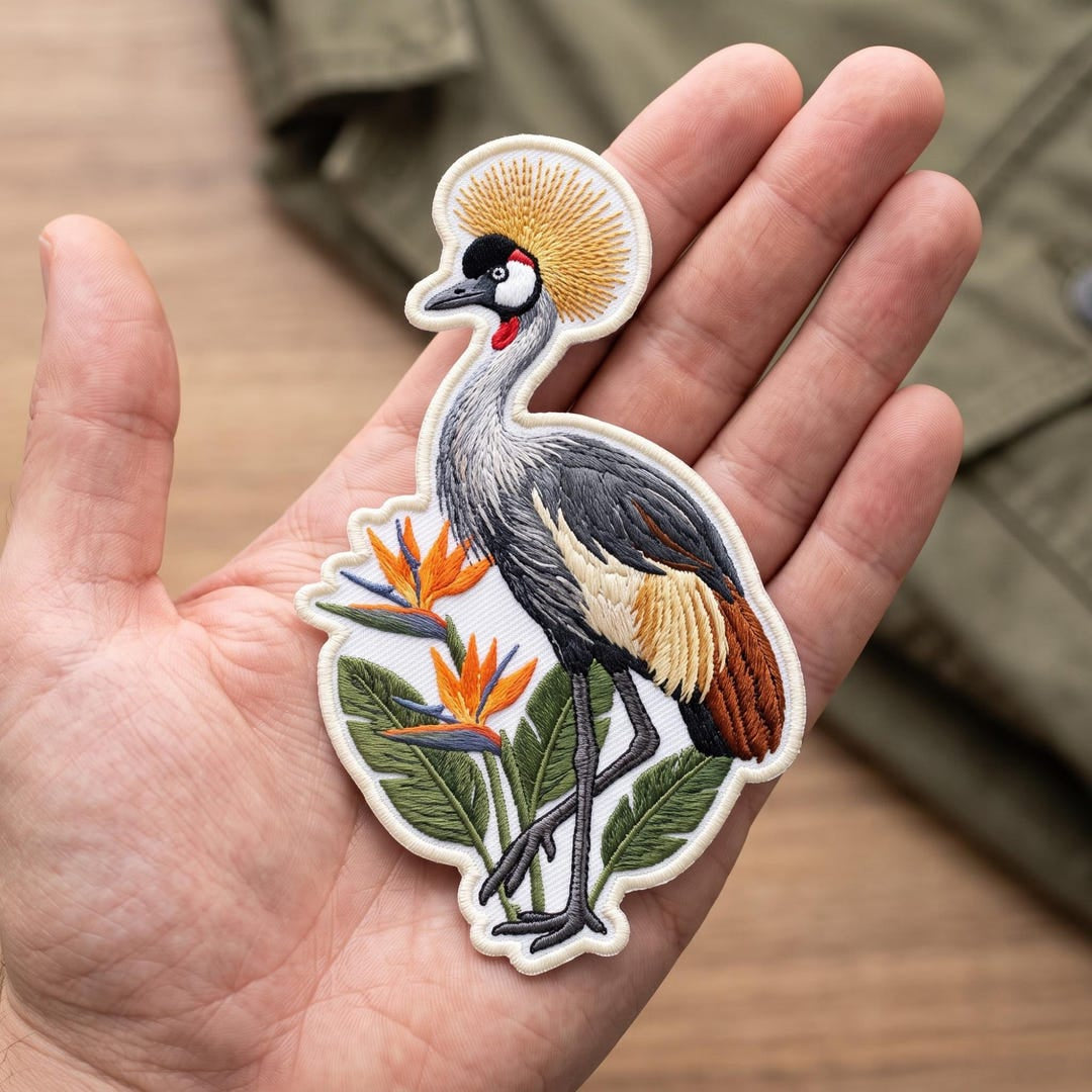 Grey Crowned Crane Bird of Paradise Flowers Tropical Iron On Embroidered Patch — Iron-on patch