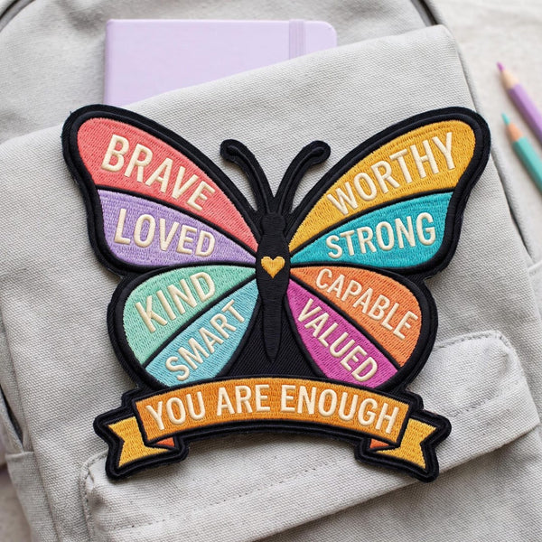 Butterfly Affirmation You Are Enough Brave Loved Kind Strong Iron On Embroidered Patch — Iron-on patch