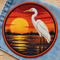 Great Egret Sunset Wetland Heron Bird Nature Vintage Iron On Embroidered Patch — Iron-on patch