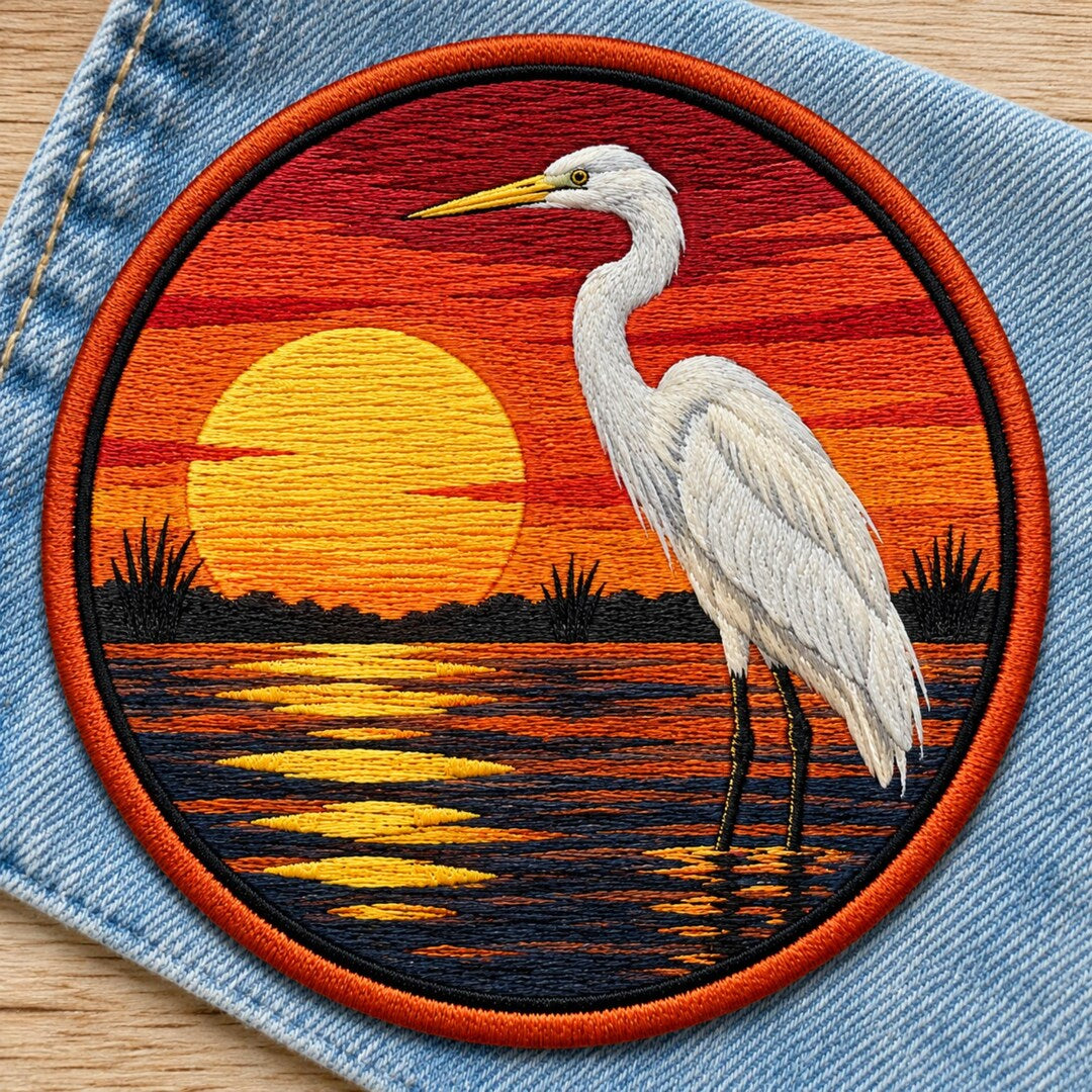 Great Egret Sunset Wetland Heron Bird Nature Vintage Iron On Embroidered Patch — Iron-on patch