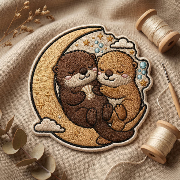 Otters Hugging Moon Stars Clouds Couple Iron On Embroidered Patch — Iron-on patch